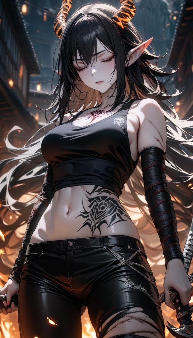 Adult girl, long black hair, closed eyes, pale skin, scars, eyes bondage, night elf ears, ritual tattoo, tight pants, magic tank top, silver elements, open belly, two blades, demon slayer form, demon hunter form, Masterpiece, best quality, Full HD, 8k, ultra details, great graphic