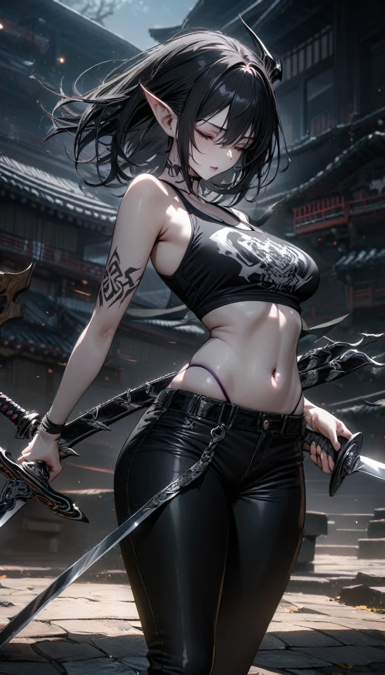 Adult girl, long black hair, closed eyes, pale skin, scars, eyes bondage, night elf ears, ritual tattoo, tight pants, magic tank top, silver elements, open belly, two blades, demon slayer form, demon hunter form, Masterpiece, best quality, Full HD, 8k, ultra details, great graphic