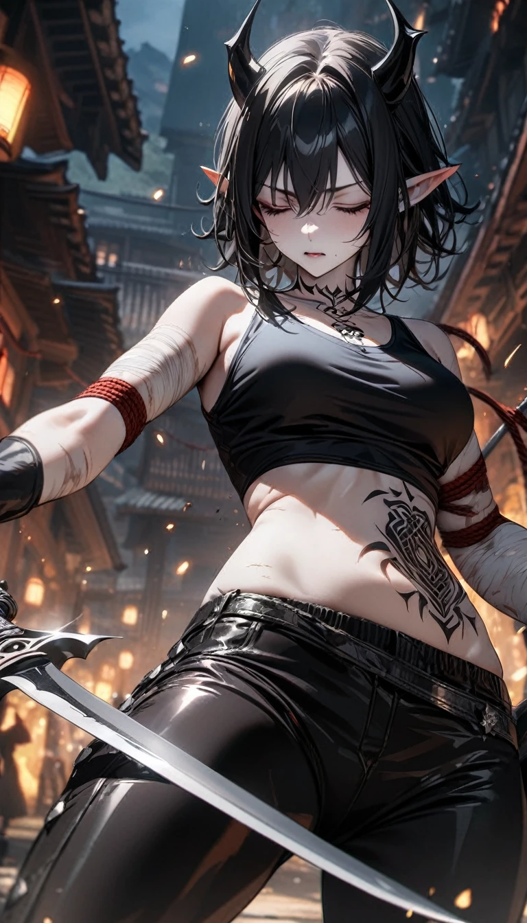 Adult girl, long black hair, closed eyes, pale skin, scars, eyes bondage, night elf ears, ritual tattoo, tight pants, magic tank top, silver elements, open belly, two blades, demon slayer form, demon hunter form, Masterpiece, best quality, Full HD, 8k, ultra details, great graphic