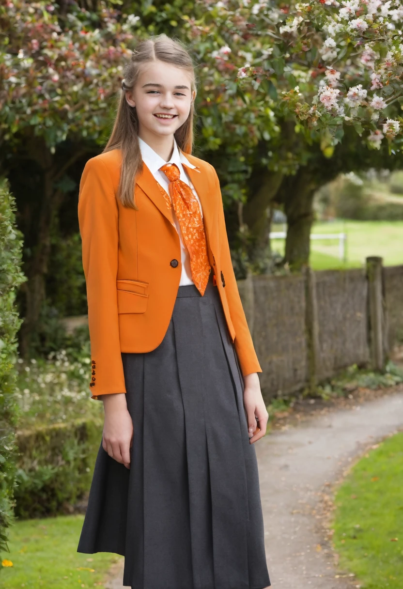 Pretty British teenage girl in her formal orange school outfit