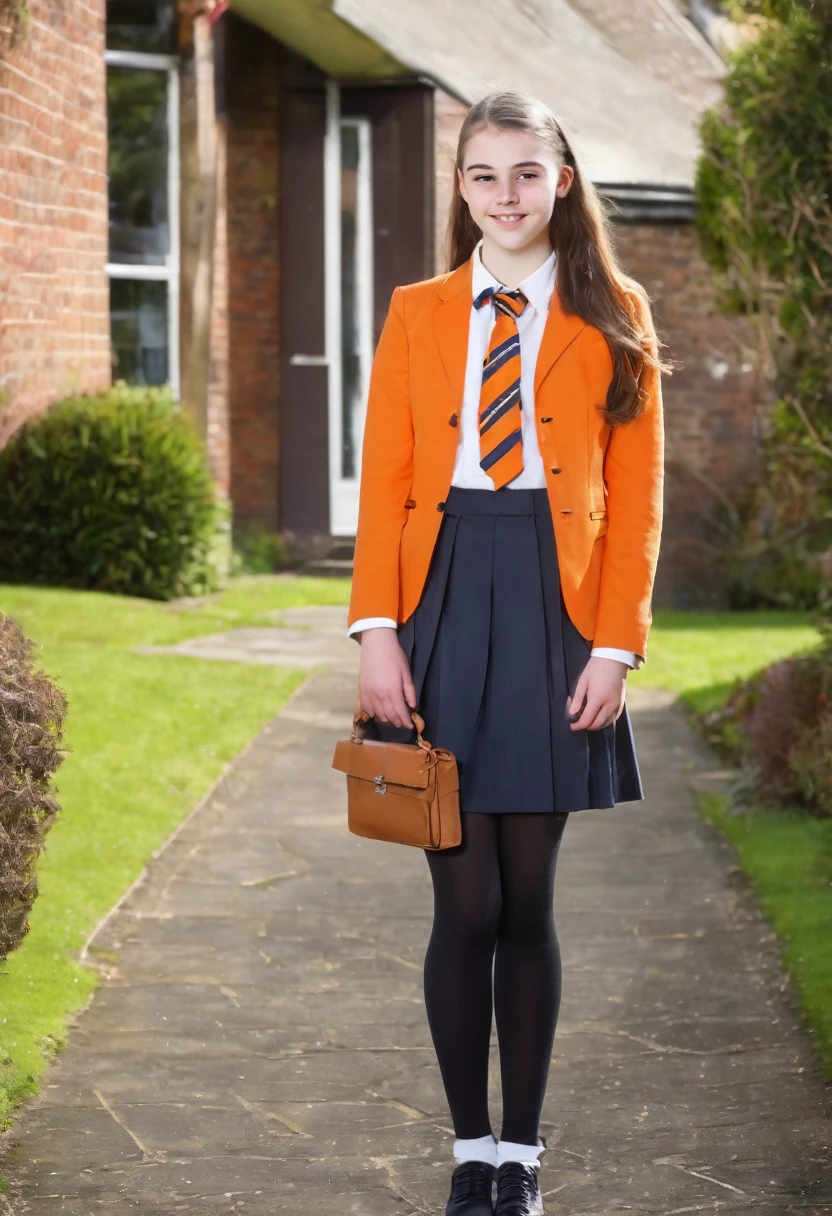 Pretty 16 year old British teenage girl in her formal orange school outfit