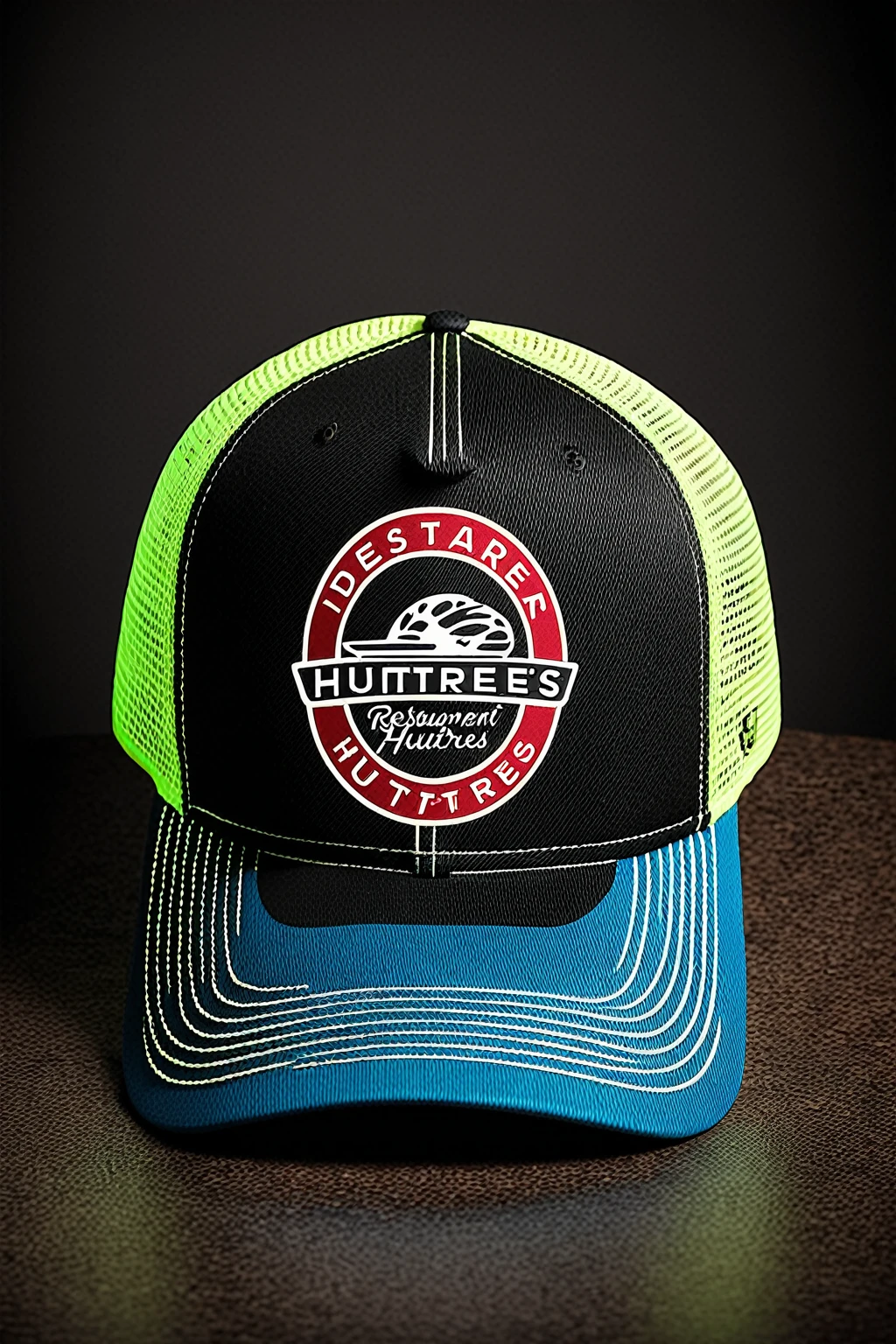 logo de restaurant d'huitres, imprimé sur casquette trucker mode détaillée, le logo représente une huitre, logo simple avec palette de 3 Couleurs , belle combinaison de couleurs, le logo est classique simple et chic, le logo peut s'imprimer facilement sur des caquettes ou polos. le logo inspire confiance et donne envie de deguster des huitres,