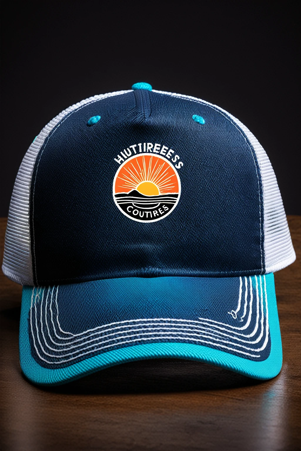logo de restaurant d'huitres, imprimé sur casquette trucker mode détaillée, le logo représente une huitre, logo simple avec palette de 3 Couleurs , belle combinaison de couleurs, le logo est classique simple et chic, le logo peut s'imprimer facilement sur des caquettes ou polos. le logo inspire confiance et donne envie de deguster des huitres,