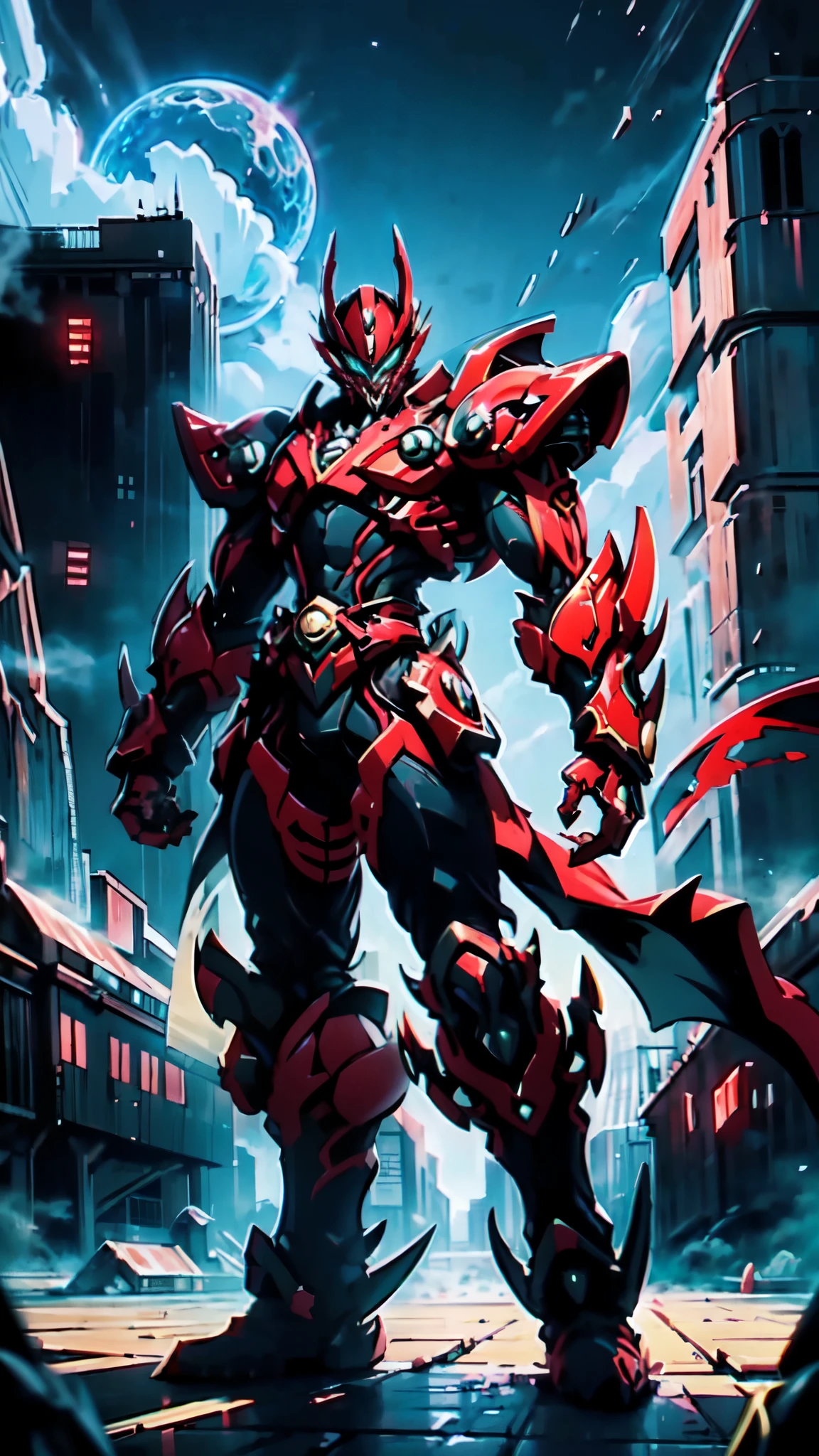 (masterpiece:1.5, best quality:1.5, extremely delicate:1.5, perspective:1.5, foreshortening:1.5, dynamic angle:1.5), a man wearing a full-face helmet, a fantasy-style biotech armored combat suit, green eyes, (a composite layered chest armor), fully enclosed shoulder guards, matching arm and leg guards, the belt is adorned with fangs biting into orbs, (the color scheme is primarily black with red accents), the design balances heavy with agility, a high-tech bio-mecha armor, (Armor Concept Inspired by Bat, stand on the top of a skyscraper in a futuristic sci-fi city), this character embodies a finely crafted fantasy-surreal style armored hero in anime style, exquisite and mature manga art style, (element, plasma, energy, the armor glows), ((male:1.5)), metallic, high definition, highres, ultra-detailed, ultra-fine painting, professional, perfect body proportions, golden ratio, anatomically correct, symmetrical face, extremely detailed eyes and face, high quality eyes, creativity, RAW photo, UHD, 32k, Natural light, cinematic lighting, masterpiece-anatomy-perfect
