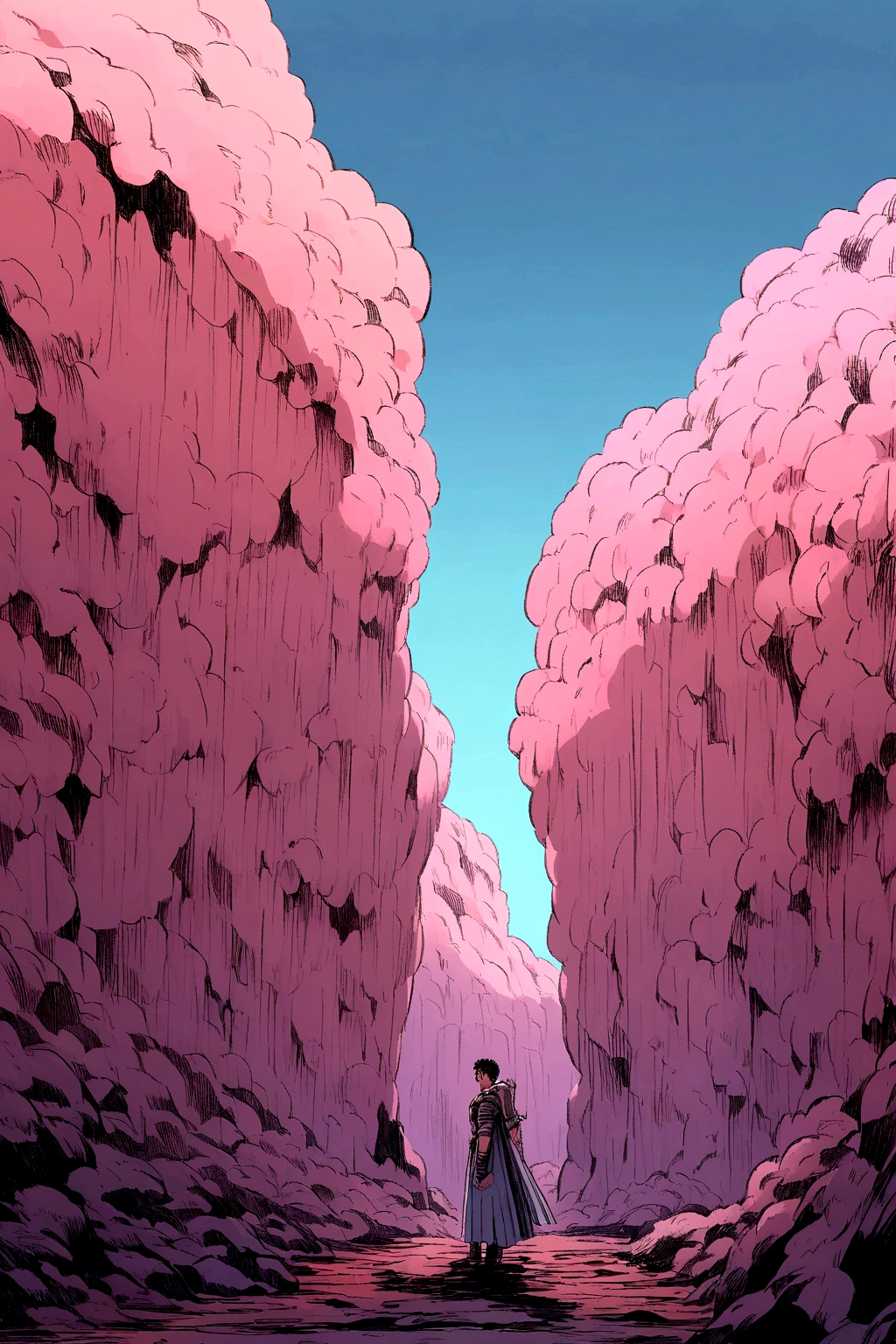 Manga Berserk, Guts look at the sky and see blood rain, anime style