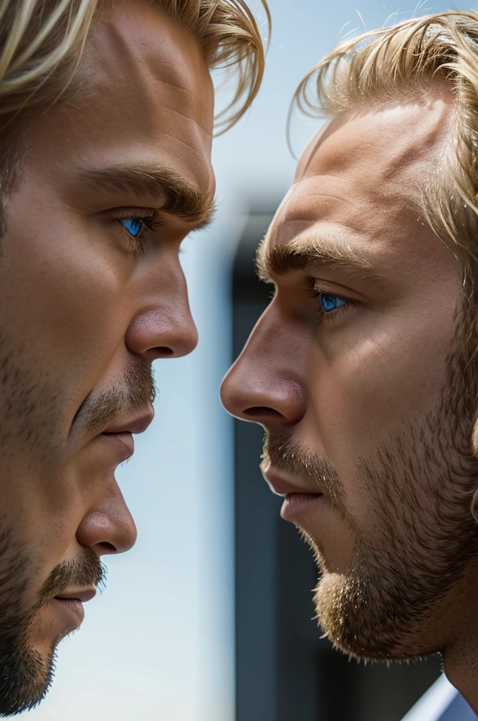 Two blonde men staring at each other with blue eyes