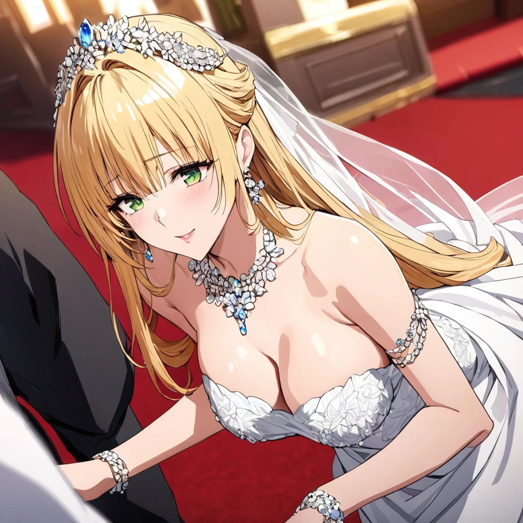 ((Highest quality)), ((masterpiece)), (detailed), （Perfect Face）、The woman is Tiare, has green eyes, medium-long blonde hair, and is wearing an engagement ring.、The woman is wearing a gorgeous, dazzlingly jeweled wedding dress, a wedding veil, a gorgeously jeweled wedding head dress chain, gorgeous jeweled earrings and other gorgeous, dazzling accessories, and is being led by a dignified, bearded, elderly man down the red carpet aisle in a gorgeous church to hold her wedding ceremony.、The man is a dignified, bearded old man, very wealthy, dressed in luxurious clothes and wearing an engagement ring.