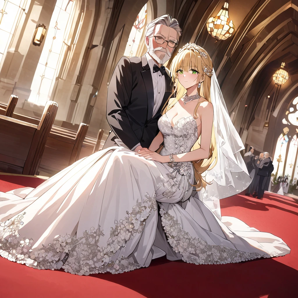 ((Highest quality)), ((masterpiece)), (detailed), (Perfect Face)、The woman is Tiare, has green eyes, medium-long blonde hair, and is wearing an engagement ring.、The woman is wearing a gorgeous, dazzlingly jeweled wedding dress, a wedding veil, a gorgeously jeweled wedding head dress chain, gorgeous jeweled earrings and other gorgeous, dazzling accessories, and is being led by a dignified, bearded, elderly man down the red carpet aisle in a gorgeous church to hold her wedding ceremony.、The man is a dignified, bearded old man, very wealthy, dressed in luxurious clothes and wearing an engagement ring.