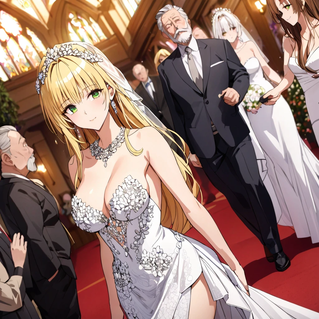 ((Highest quality)), ((masterpiece)), (detailed), (Perfect Face)、The woman is Tiare, has green eyes, medium-long blonde hair, and is wearing an engagement ring.、The woman is wearing a gorgeous, dazzlingly jeweled wedding dress, a wedding veil, a gorgeously jeweled wedding head dress chain, gorgeous jeweled earrings and other gorgeous, dazzling accessories, and is being led by a dignified, bearded, elderly man down the red carpet aisle in a gorgeous church to hold her wedding ceremony.、The man is a dignified, bearded old man, very wealthy, dressed in luxurious clothes and wearing an engagement ring.