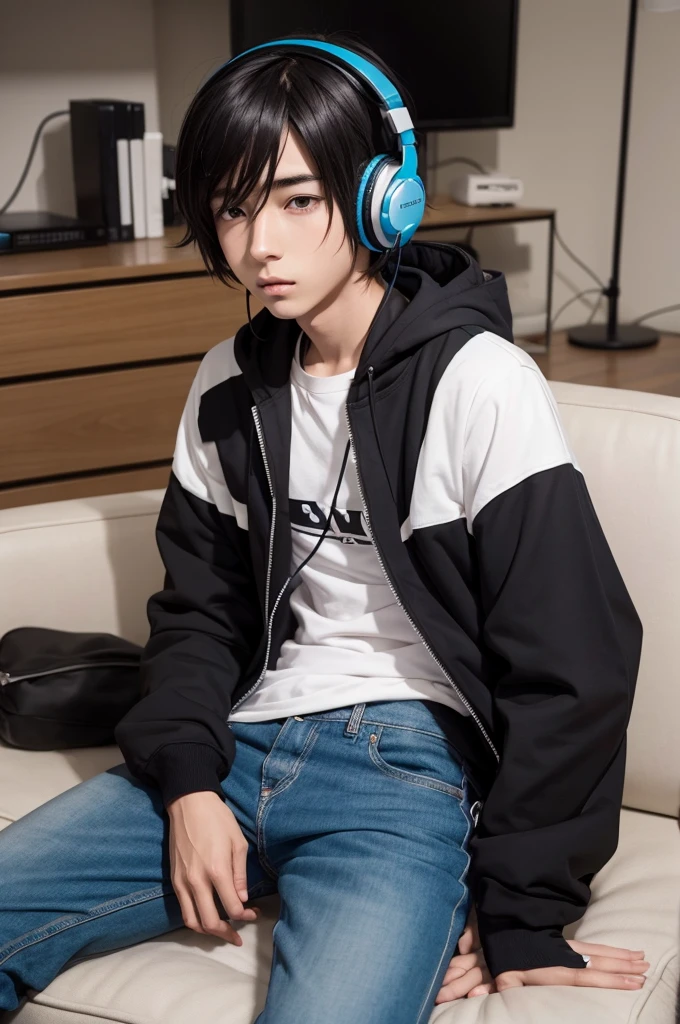 Anime boy with headphones, not home sofa