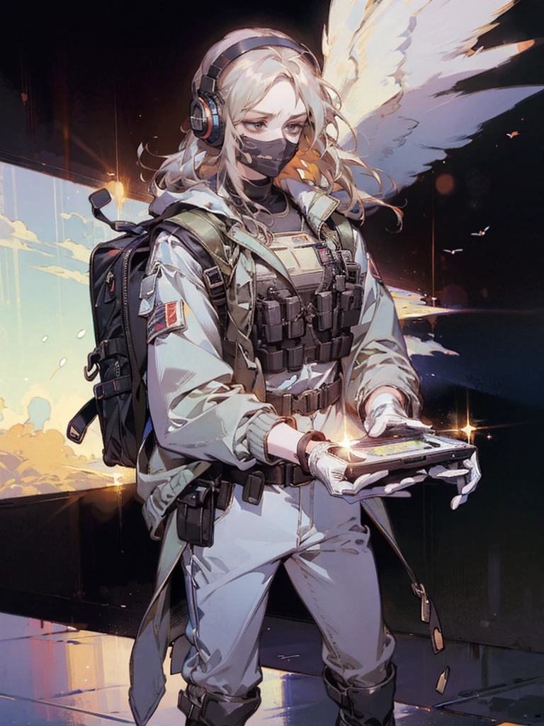 ((high quality)), ((masterpiece)), 8k, 2girls, bulletproof vest, light rays, extremely detailed CG unity 8k wallpaper, game cg, looking at viewer, gloves, boots, full body, watch, computer, mask, drone, holding weapon, headphones, jacket, bag, backpack,