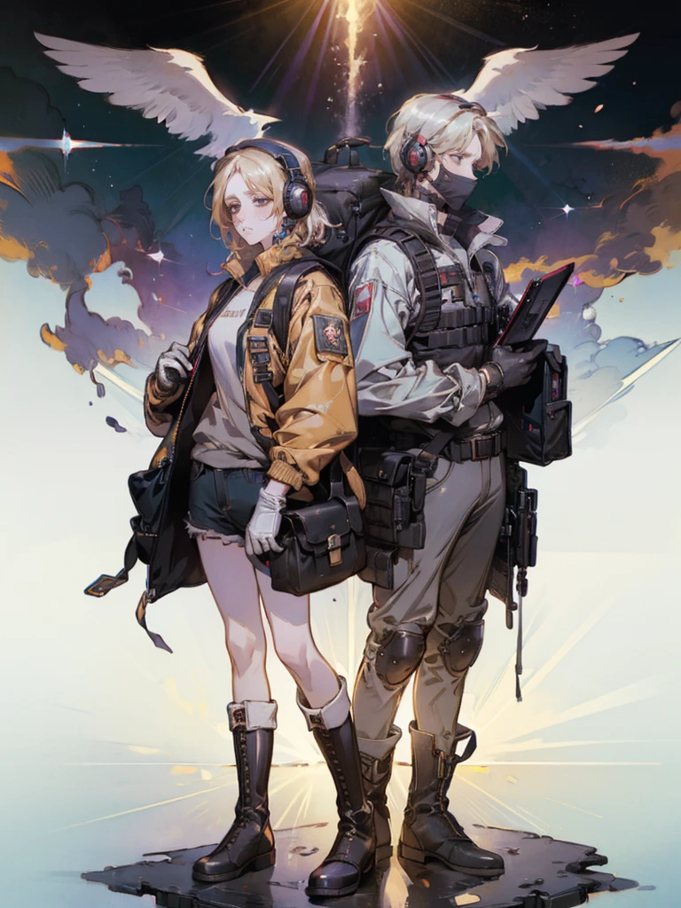 ((high quality)), ((masterpiece)), 8k, 2girls, bulletproof vest, light rays, extremely detailed CG unity 8k wallpaper, game cg, looking at viewer, gloves, boots, full body, watch, computer, mask, drone, holding weapon, headphones, jacket, bag, backpack,