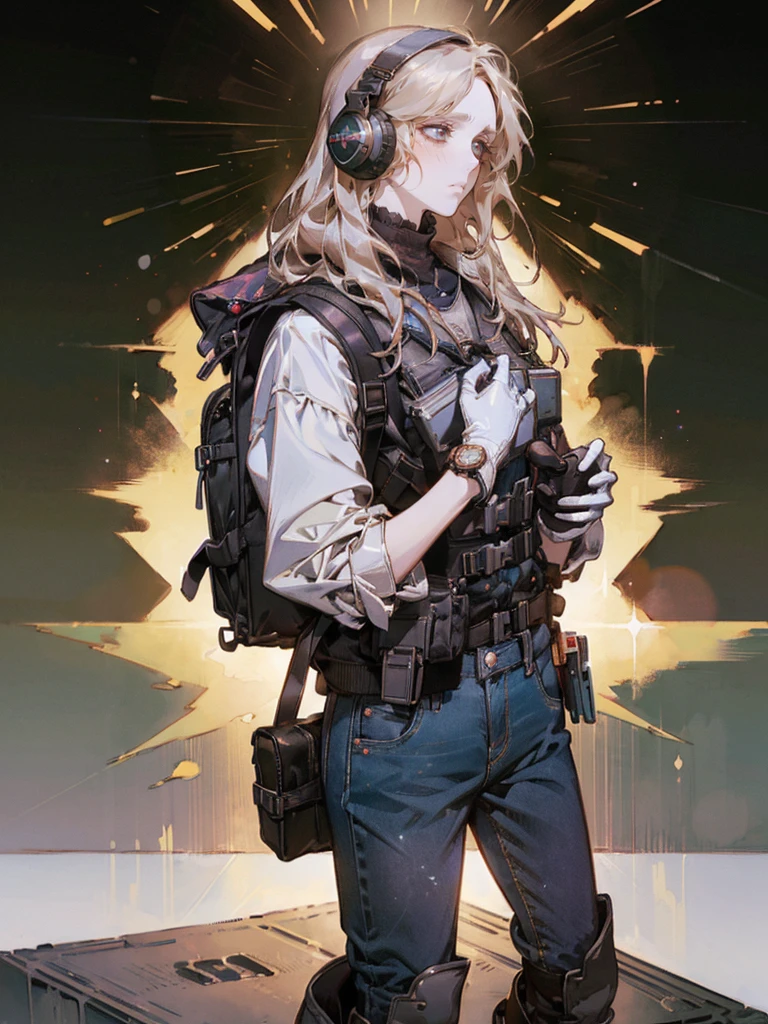 ((high quality)), ((masterpiece)), 8k, 2girls, bulletproof vest, light rays, extremely detailed CG unity 8k wallpaper, game cg, looking at viewer, gloves, boots, full body, watch, computer, mask, drone, holding weapon, headphones, jacket, bag, backpack,