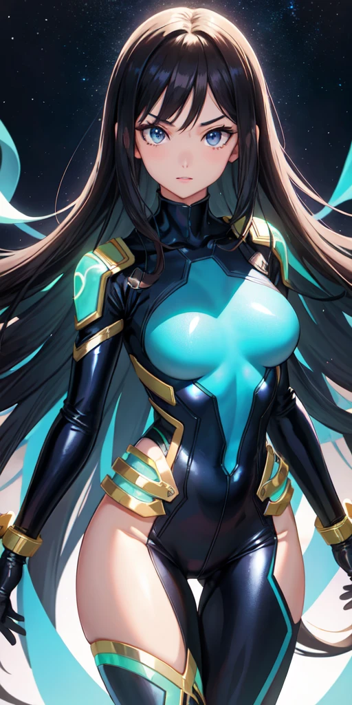 1 girl, Brazilian, normal eye, perfect lighting, dark hair, curly hair, long hair, jade eyes, side lighting, face detailed, shining skin, brunette skin, simple background, darkness background, futuristic costume, Bright costume, made from a deep blue metallic material with silver luminous patterns, a fitted and aerodynamic design, standing out for its elegance and sophistication, anime styling, My Hero Academia traits