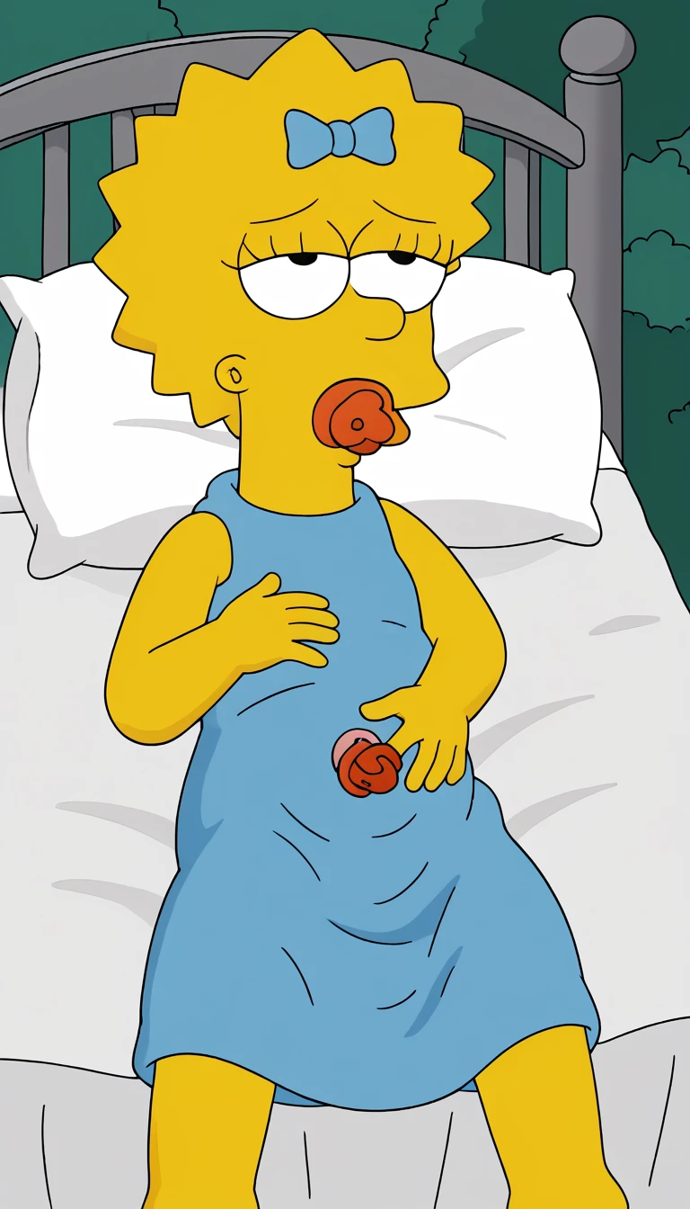 score_8, score_9, BREAK, 1 girl, solo, maggie, yellow skin,hair bow, blue dress, pacifier, outdoors, adorable, natural lighting, lies on bed, lies on back, spread pussy, Ahegao, falda levantada, sin fondo