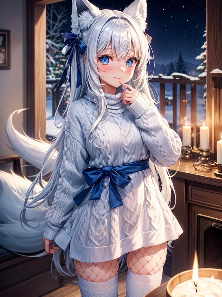 Anime, 1girl, backside view, white hair, blue eyes, glowing eyes, fishnet leggings, white winter sweater, mini-skirt, white underwear, slight smile, blush, cozy house, fireplace, kitsune girl, fox plush, nine tailed girl, white neck bow, fox ears, black tight leggings, blue glowing, bedroom, back view, pillows, steaming hot cocoa, candy cane, lit candles, snowflake patterned blanket, chocolate bar,