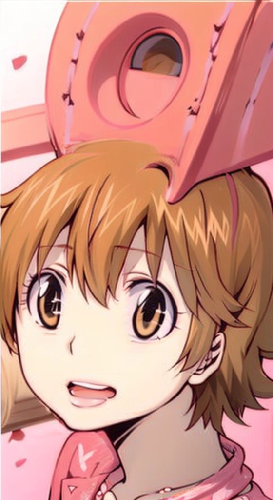 kyoko1, short hair, brown hair, pink striped dress, brown eyes, Masterpece, look at the views,Masterpece, ((masterpiece: 1.2)), smling, open mouth, 