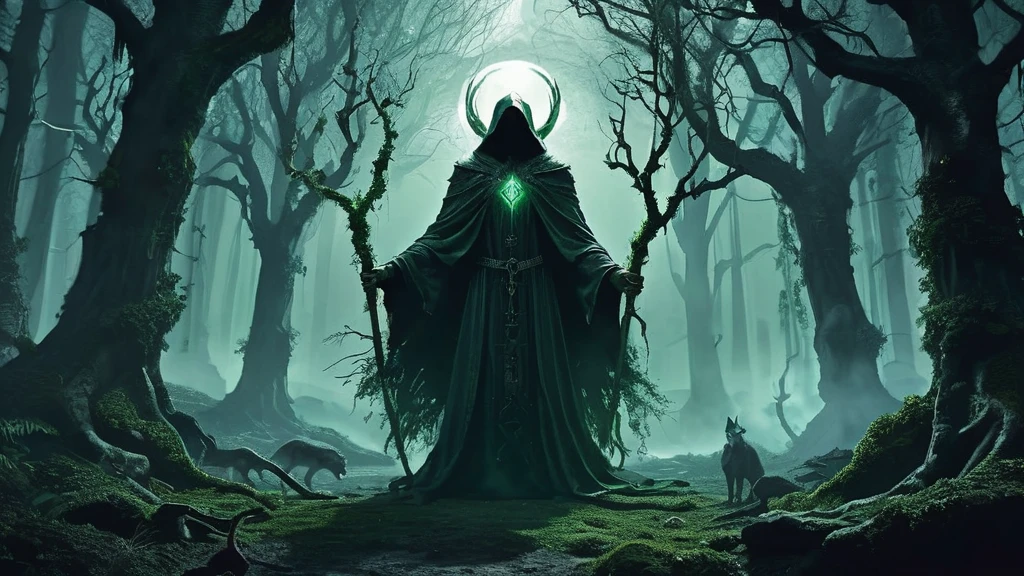 an image of a dark lycan in a dense, mystical forest, set in a medieval fantasy world.

The scene unfolds deep within the heart of the forest, where ancient trees loom tall and twisted, their gnarled branches reaching towards the ominous sky. Shafts of pale moonlight filter through the dense canopy, casting eerie shadows that dance across the forest floor. Wisps of mist curl around the trunks of trees, adding to the mystical atmosphere.

In the center of this enchanted grove stands the lycan priest, a figure cloaked in robes of deep crimson and black, adorned with intricate runes and symbols that shimmer faintly in the moonlight. The priest's form is hunched and imposing, with eyes that gleam with a feral intensity beneath a cowl of shadows.

Around the priest, the forest seems to stir with an otherworldly presence. Ethereal wolves, their forms translucent and ghostly, prowl silently at the edges of the clearing, their eyes fixed on the priest with reverence and fear. Ancient stone altars, weathered by time and overgrown with moss, stand scattered amidst the trees, hinting at rituals long forgotten and powers ancient and arcane.

Capture the eerie juxtaposition of darkness and mysticism in this image, conveying the lycan priest's connection to the natural world and the potent magic that surrounds him. The atmosphere should evoke a sense of ancient rituals, hidden powers, and the untamed beauty of the medieval fantasy forest setting.