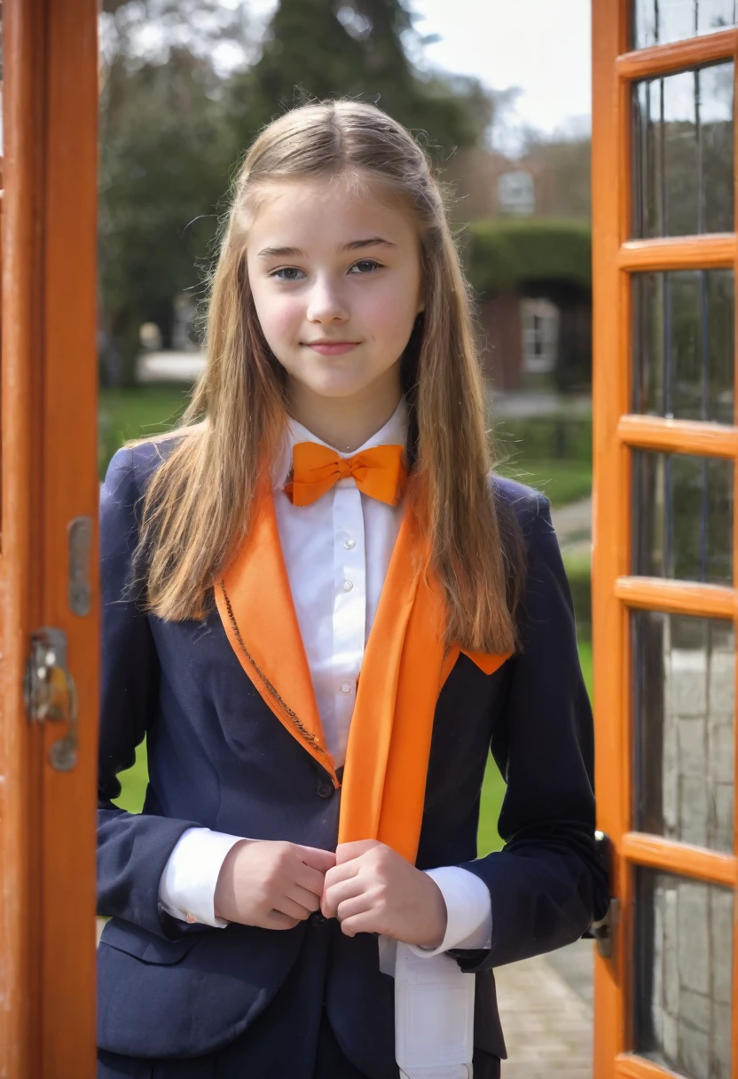 Pretty British teenage girl in her formal orange school outfit