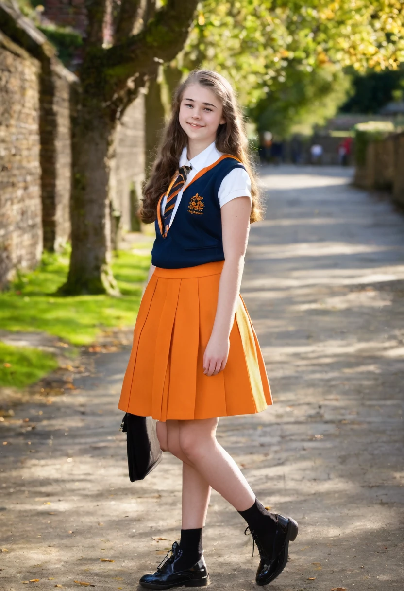 Pretty  British teenage girl in her formal orange school outfit 