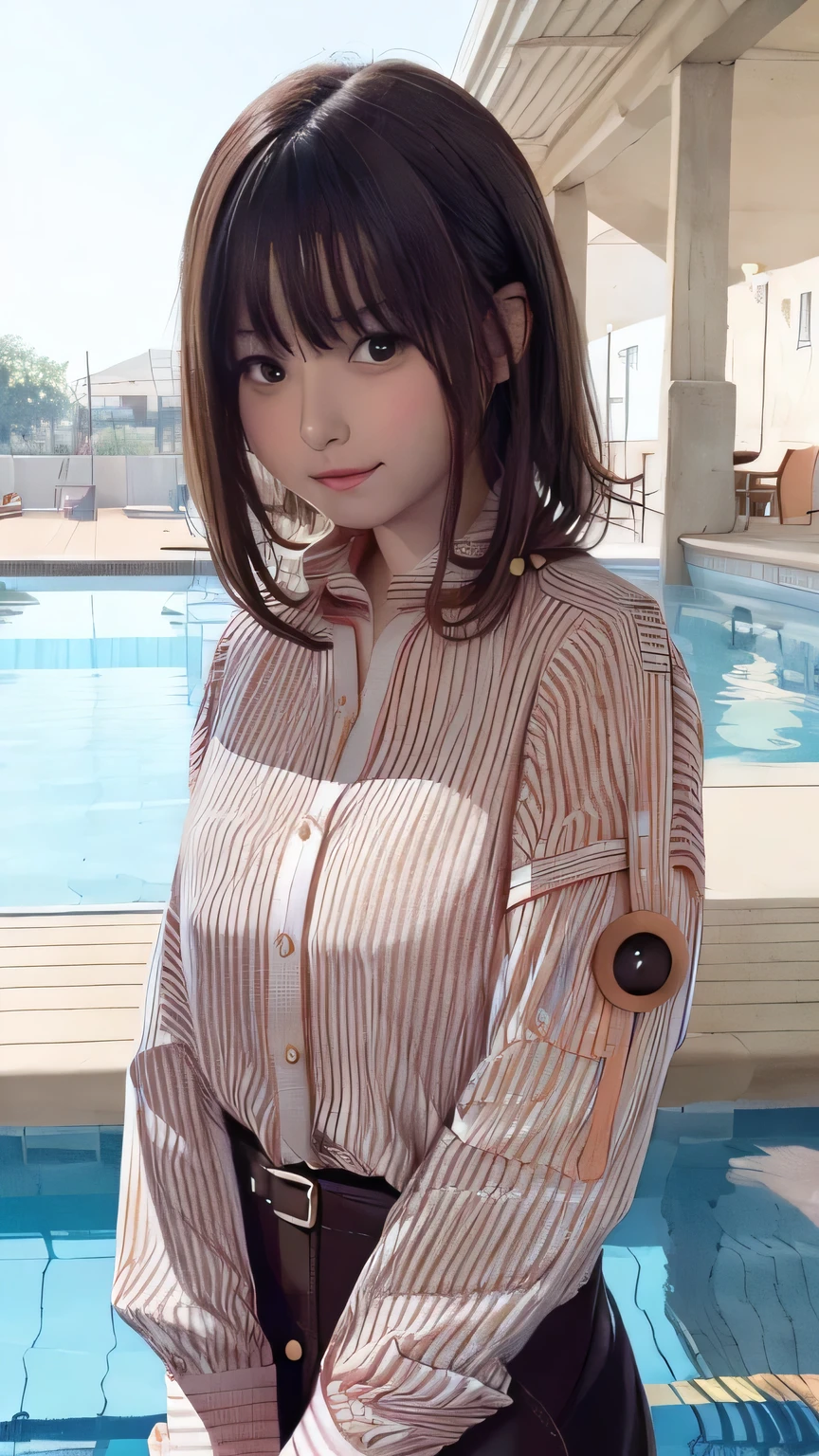 Purelos Face_v1, Highest quality, Realistic, 8K, High resolution, Full Color, One girl, woman, 20 years old woman, (Mouth closed:1.33), (Portraiture:0.6), wood, Dawn, ((Poolside Background:1.52)), Full Color, ((Buttoned shirt:1.88)), View your viewers:1.8, (One girl eyes View your viewers:1.55), (Medium Hair, Brown Hair, Parted bangs:1.35), (Bokeh),