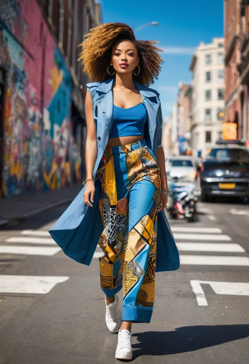 "A stylish beautiful young woman in a stylish outfit walking down a bustling city street. She exudes confidence and flair, with street art and urban architecture in the background. The photo captures the energy and vibrancy of street style fashion.", full length