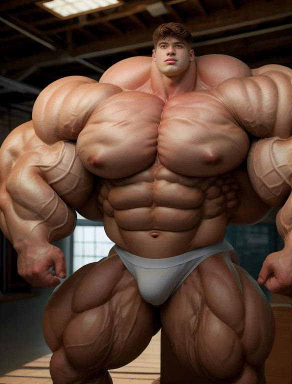 1boy, giant, alone, giant bodybuilder, illuminating light, strong body, bulk, large size, standing in whiet photo studio, indoor, nude, white triangular underwear, thick bulge, scratch his bulge, extraordinary big, brutalmass, giant muscular body, bulk, buff, massive body, large meaty body size, extremely wide body