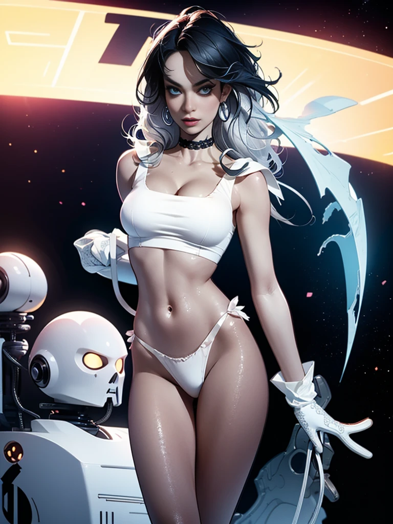Anitta in a comic panel, whole body, bold lineart illustration comics, Eyes seductive, parted lips, perfectbody, curved, big-ass, sexy skin tanned, highest quallity, whole body, [blue colored eyes], Bblack hair, skin tanned, BREAK solo black choker, standing, perfectbody, wearing white cyberpunk armor, cyborg parts, BREAK white background ((white lace top)), ((silver lace thong)) (((Ultra realistic detailed eyes))), sweaty , model photograph pose, ultra-skin texture, ((ultra-skin details)), skin imperfections, details Intricate, rear view ( in the dark background of sci-fi spaceship interstellar space)