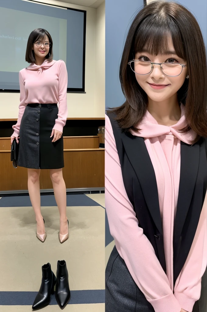 Adult charm、University lecture hall, university psychology associate professor, ((full body)), ((photo)), ((best qualtiy, 8K, tmasterpiece:1.3)), Focus:1.2, perfect figure beautiful woman:1.41woman, cowboy shot, look at viewer, eyes facing the camera, incredibly absurd, beautiful and cute woman with a photorealistic face, showcasing top-quality craftsmanship, A Japanese woman giving a lecture at a university lecture hall, 27 years old, with a bob cut and flipped hair, short bangs swept at an angle, smooth and shiny hair, natural hairline, fair and smooth skin, plump and healthy cheeks, large, jet black eyes, round eyes, long and upward-facing eyelashes, double eyelids, thin and straight eyebrows, small and round nose, plump lips, upturned corners of the mouth, charming smile, cute face, glamorous, well-balanced proportions, tall, beautiful D-cup breasts, silver-rimmed glasses, pink blouse, black tight skirt, fashion with a waist-marked silhouette, scarf, heeled shoes, vanilla perfume, beautiful, pretty older woman, glasses suit her, knowledgeable, playful, curious, smart, elegant, November