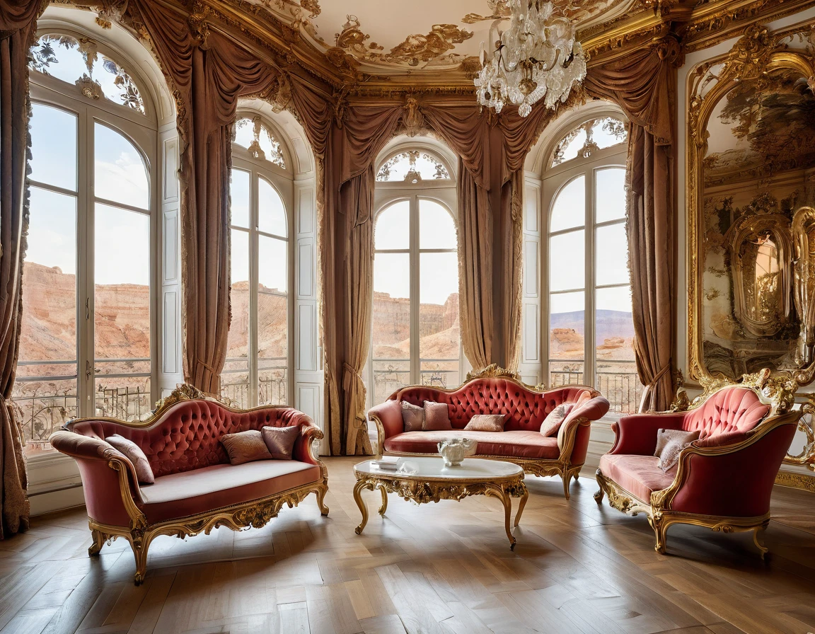 A sofa and a chair in a room with a large window, luxurious baroque rococo setting, Rococo style, ornate retreat, Rococo and Art Nouveau fusion, rococo architecture, ornate furniture, rococo and baroque styles, neo-rococo expressionist style, Rococo and Art Nouveau, Grand Canyon in the background, exquisitely ornate, rococo baroque, elegant and ornate