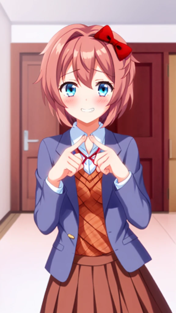 one girl, Sayori, DDLC, Doki Doki Literature Club, hair bow, school blazer, light blue eyes, index fingers together, shy, blush, smile awkwardly, feel sorry, Ehehe~, teeth, shifty eyes, girl don't look at me, girl is clumsy and make a mistake