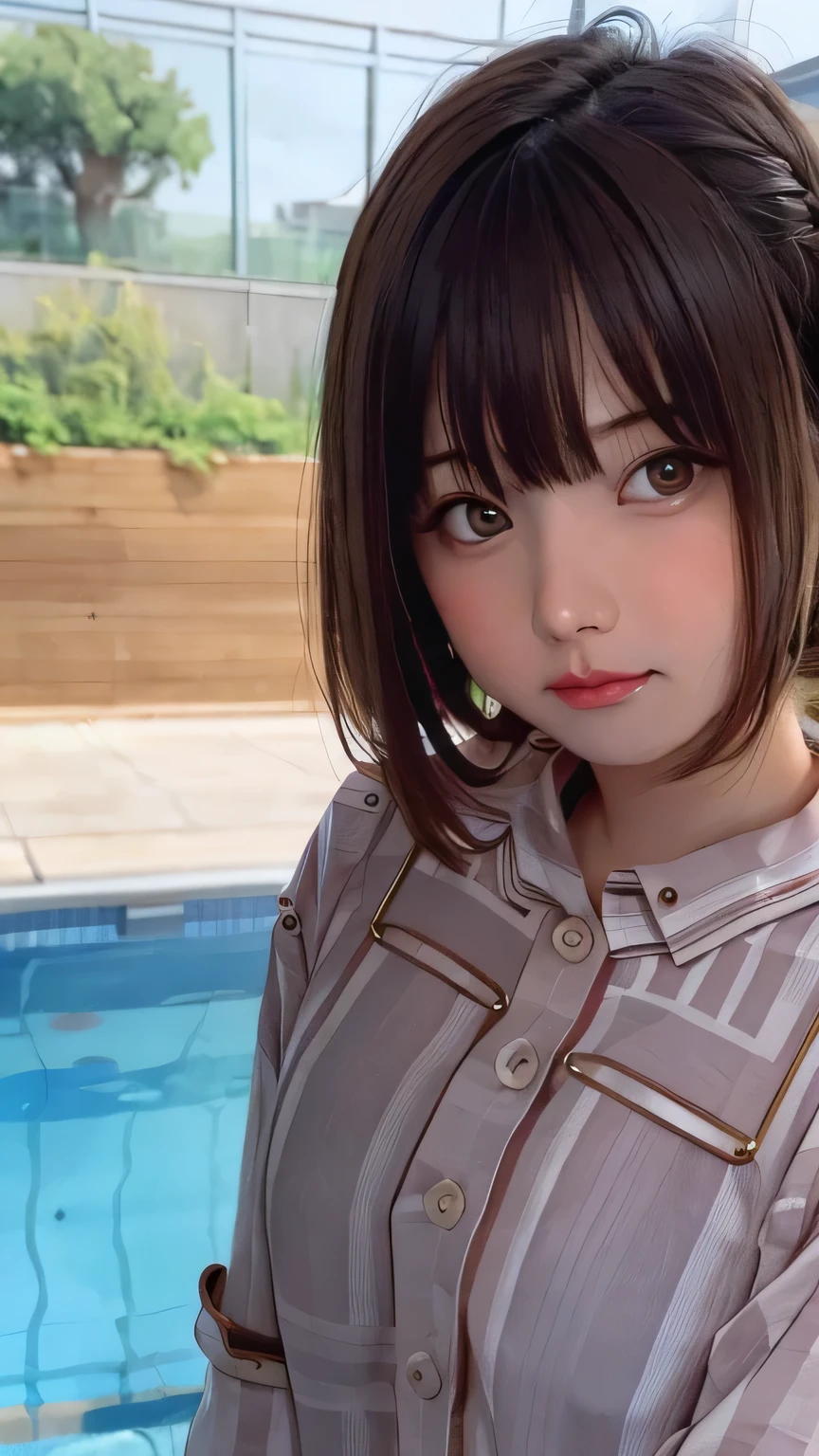 Purelos Face_v1, Highest quality, Realistic, 8K, High resolution, Full Color, One girl, woman, 20 years old woman, (Mouth closed:1.33), (Portraiture:0.6), wood, Dawn, ((Poolside Background:1.52)), Full Color, ((Buttoned shirt:1.88)), View your viewers:1.8, (One girl eyes View your viewers:1.55), (Medium Hair, Brown Hair, Parted bangs:1.35), (Bokeh),