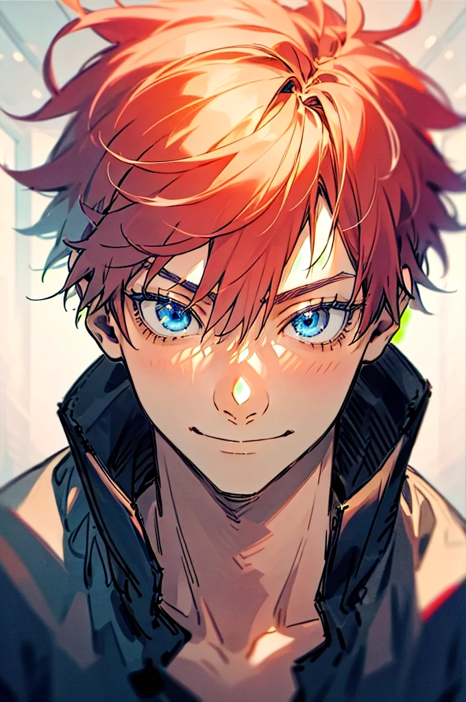 1 man,Satoru Gojo,pale red hair,Medium hair,hair between eyes,Blue eyes,black eyelashes, relaxed facial expression,smile on your face