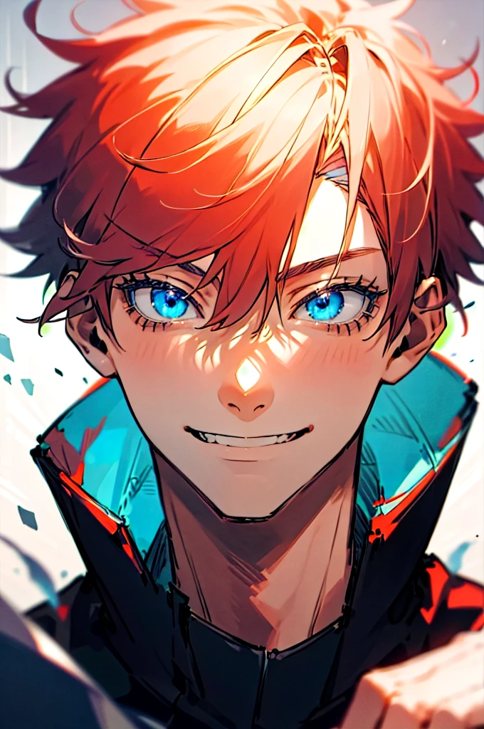 1 man,Satoru Gojo,pale red hair,Medium hair,hair between eyes,Blue eyes,black eyelashes, relaxed facial expression,smile on your face