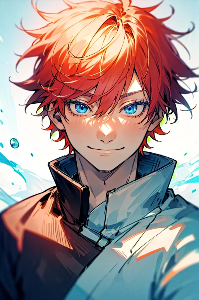 1 man,Satoru Gojo,pale red hair,Medium hair,hair between eyes,Blue eyes,black eyelashes, relaxed facial expression,smile on your face