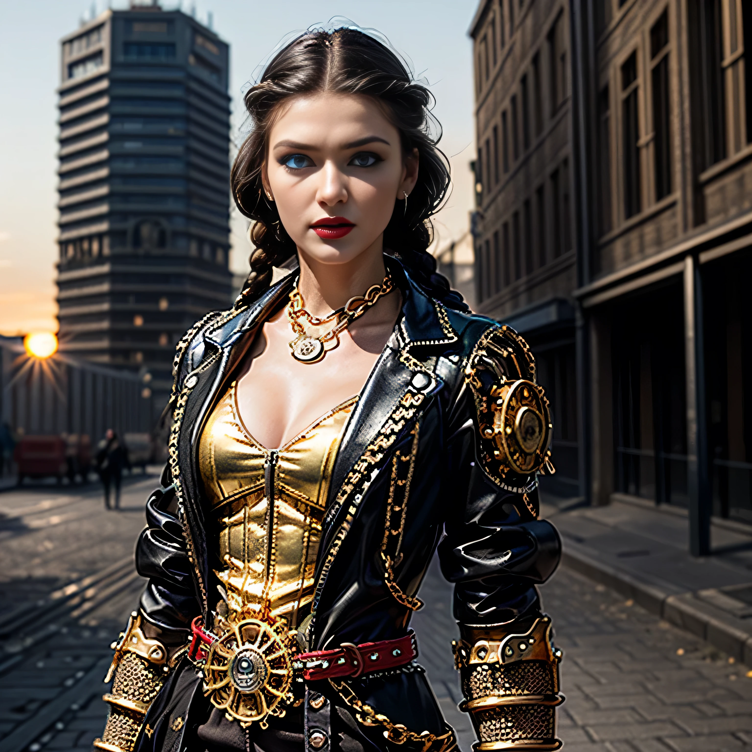 ((masterpiece, photorealistic:1.4, extremely intricate:1.3, photon mapping, radiosity, physically based rendering, ultra resolution, hyper-realistic, photorealistic:1.4, hyper-realistic, 8K)), (((athletic female assassin, long straight side braids, windy [black hair:bright ginger hair:0.7], (([flat chest:medium breasts:0.8], (serrated sword))), ((makeup:1.2, perfectchainmail, gold steampunk, black jacket, clockwork belt), red lips, bright sunlight, sunset, red silk shirt)))), outdoors, metal reflections, ((((futuristic apocalyptic city destroyed)))), professional photograph, soft focus, dramatic, award winning, cinematic lighting, volumetrics (film grain, blurry background, blurry foreground, bokeh, depth of field), BREAK, (([clear eyes:blue eyes:0.4]))