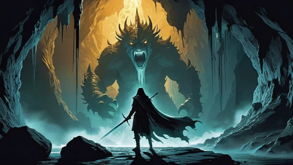 an image depicting a scene from a dark medieval fantasy world. A teen with tousled black hair emerges triumphantly from the mouth of a cavern, his expression a mixture of exhaustion and exhilaration. His clothes are torn and stained, hinting at a perilous journey through treacherous landscapes or battles with mythical creatures.
The cave entrance looms behind him, shrouded in shadows and framed by jagged rocks that seem to whisper tales of ancient sorrows. The boy stands in the threshold, bathed in the eerie glow of torchlight or moonlight that casts long, ominous shadows across the rugged terrain.
His appearance suggests he has just returned from the brink of death, having overcome insurmountable odds or encountered supernatural forces within the depths of the cave. His eyes, though weary, reflect a newfound resolve or a haunting realization of the darkness that lurks beyond the realms of mortal understanding.
Capture the essence of this moment in a way that evokes the mystery, danger, and resilience inherent in dark medieval fantasy settings.