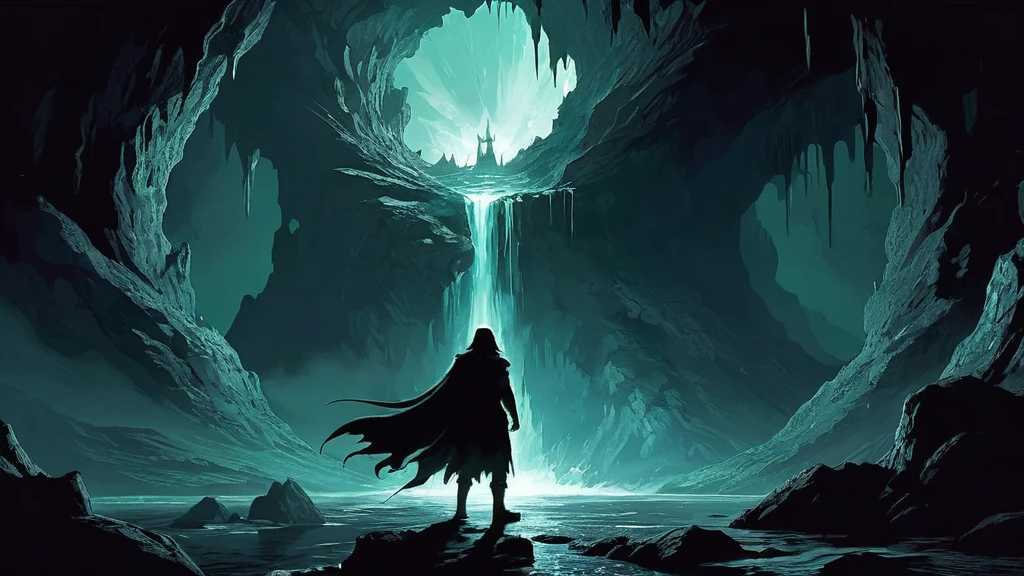 an image depicting a scene from a dark medieval fantasy world. A  with tousled black hair emerges triumphantly from the mouth of a cavern, his expression a mixture of exhaustion and exhilaration. His clothes are torn and stained, hinting at a perilous journey through treacherous landscapes or battles with mythical creatures.

The cave entrance looms behind him, shrouded in shadows and framed by jagged rocks that seem to whisper tales of ancient sorrows. The boy stands in the threshold, bathed in the eerie glow of torchlight or moonlight that casts long, ominous shadows across the rugged terrain.

His appearance suggests he has just returned from the brink of death, having overcome insurmountable odds or encountered supernatural forces within the depths of the cave. His eyes, though weary, reflect a newfound resolve or a haunting realization of the darkness that lurks beyond the realms of mortal understanding.

Capture the essence of this moment in a way that evokes the mystery, danger, and resilience inherent in dark medieval fantasy settings.