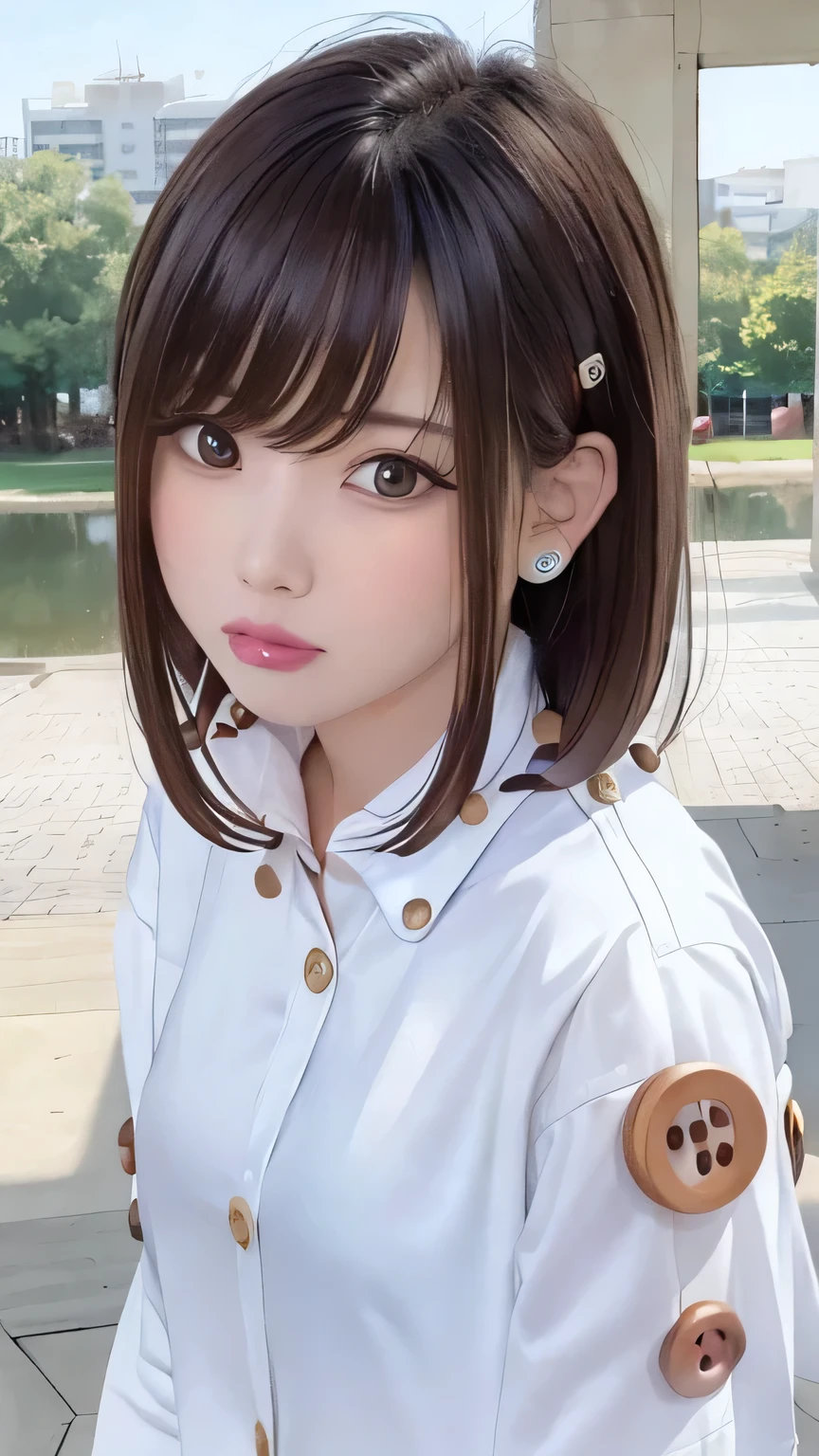 Purelos Face_v1, Highest quality, Realistic, 8K, High resolution, Full Color, One girl, woman, 20 years old woman, (Mouth closed:1.33), (Portraiture:0.6), wood, Dawn, ((Park Background:1.52)), Full Color, ((White shirt with buttons:1.88)), View your viewers:1.8, (One girl eyes View your viewers:1.55), (Medium Hair, Brown Hair, Parted bangs:1.35), (Bokeh),