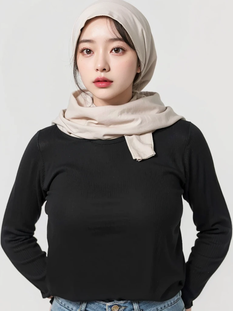 (Best quality, 8k, 32k, Masterpiece, UHD:1.2),Photo of Pretty Japanese hijab woman, large breasts, oversize crew t shirt.