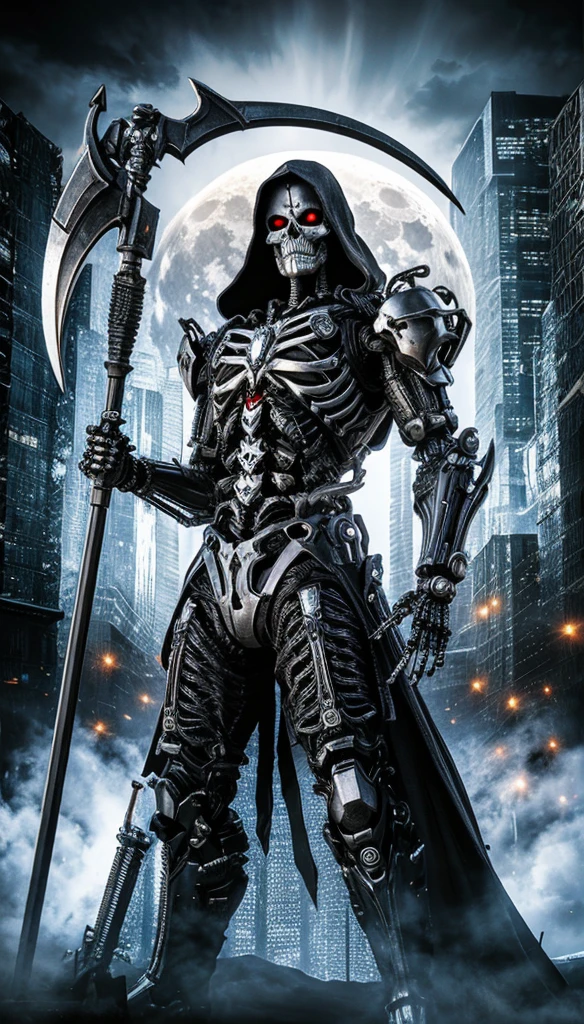 cyberskeleton, the king of death, cybercore with a scythe standing in front of the full moon,. FANTASY MASTERPIECE. REALISTIC, SKULL FACE,