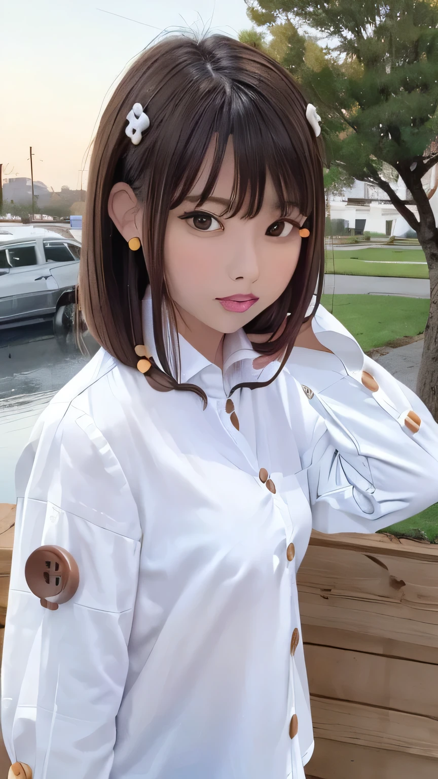 Purelos Face_v1, Highest quality, Realistic, 8K, High resolution, Full Color, One girl, woman, 20 years old woman, (Mouth closed:1.33), (Portraiture:0.6), wood, Dawn, ((Park Background:1.52)), Full Color, ((White shirt with buttons:1.88)), View your viewers:1.8, (One girl eyes View your viewers:1.55), (Medium Hair, Brown Hair, Parted bangs:1.35), (Bokeh),