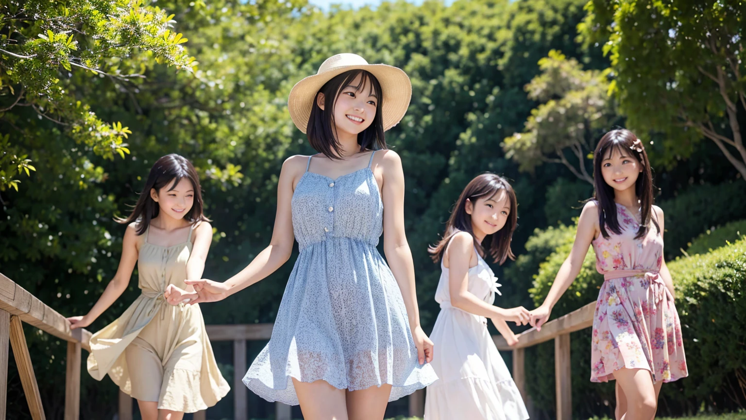 sun dress,3japanese girls,extremely detailed,standing,on straight,smile,pose,cowboy shot,master piece,danceing,wind,looking away,
