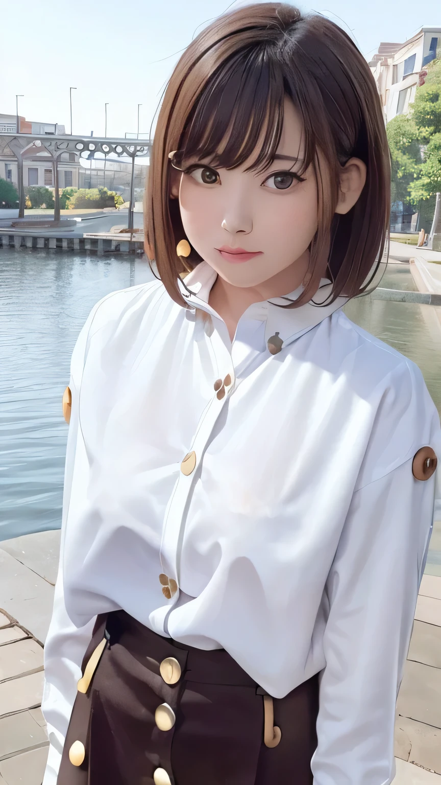 Purelos Face_v1, Highest quality, Realistic, 8K, High resolution, Full Color, One girl, woman, 20 years old woman, (Mouth closed:1.33), (Portraiture:0.6), wood, Dawn, ((Park Background:1.52)), Full Color, ((White shirt with buttons:1.88)), View your viewers:1.8, (One girl eyes View your viewers:1.55), (Medium Hair, Brown Hair, Parted bangs:1.35), (Bokeh),