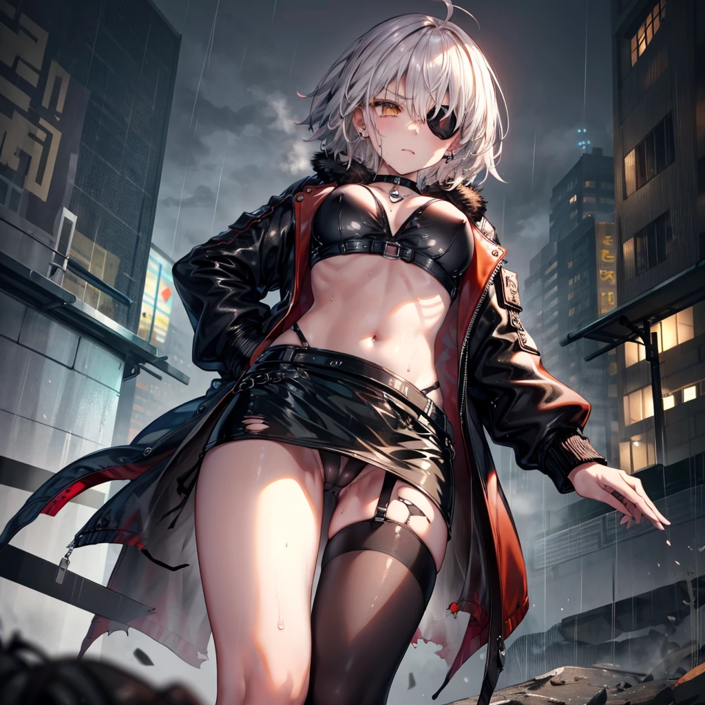 ((Highest quality)), ((masterpiece)), ((detailed)), (4K), (nsfw), 1girl, 独奏, (eyepatch), short hair, crop top, leather jacket, Torn miniskirt, suspender skirt, torn pantyhose, torn panties, panties under pantyhose, cameltoe, choker, bracelet, erect nipples, (rain), ((wet)), see through, (expressionless), scowl, (from below), (looking down), looking at viewer, (open legs), wasteland, town
