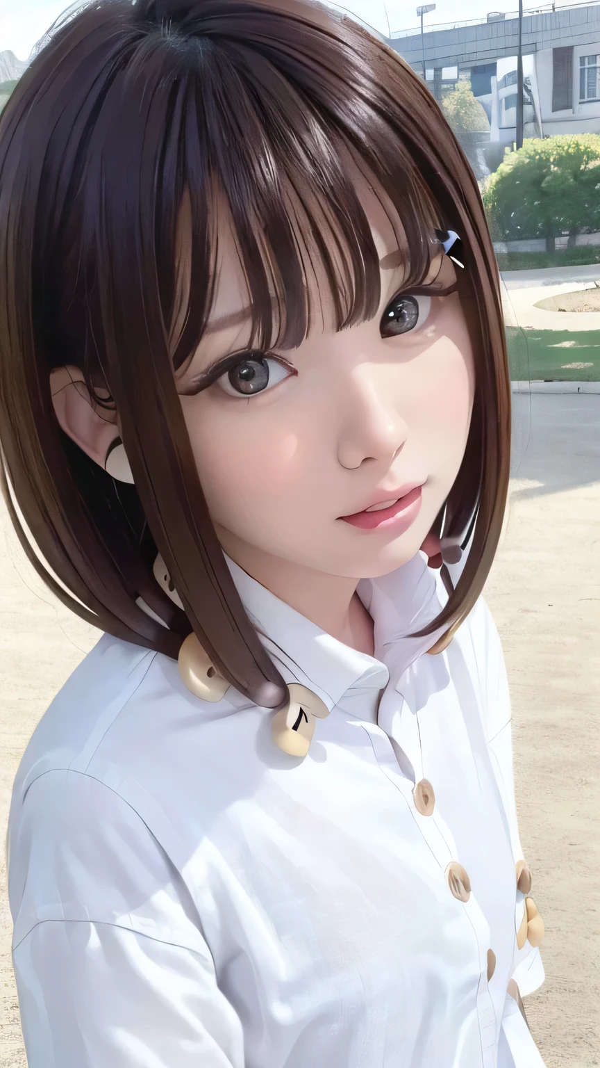 Purelos Face_v1, Highest quality, Realistic, 8K, High resolution, Full Color, One girl, woman, 20 years old woman, (Mouth closed:1.33), (Portraiture:0.6), wood, Dawn, ((Park Background:1.52)), Full Color, ((White shirt with buttons:1.88)), View your viewers:1.8, (One girl eyes View your viewers:1.55), (Medium Hair, Brown Hair, Parted bangs:1.35), (Bokeh),