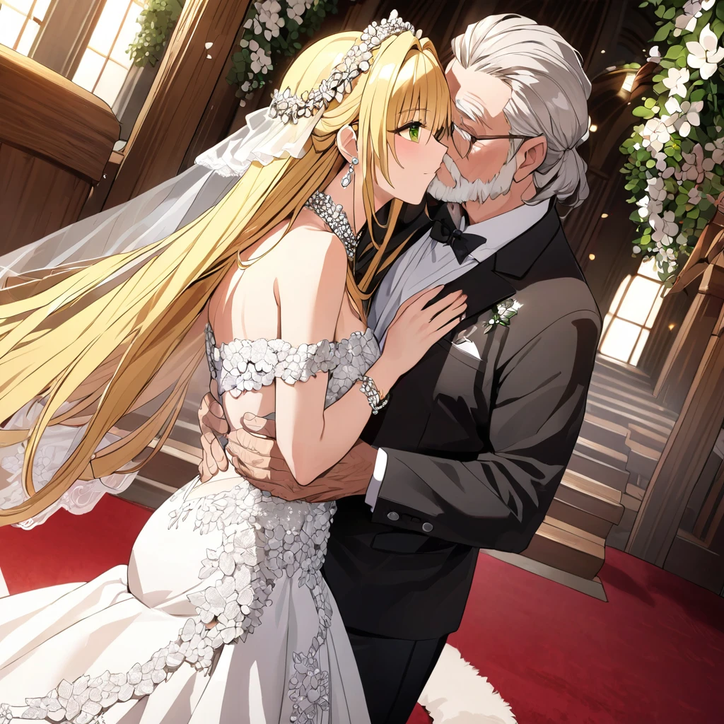 ((Highest quality)), ((masterpiece)), (detailed), (Perfect Face)、The woman is Tiare, has green eyes, medium-long blonde hair, and is wearing an engagement ring.、The woman is wearing a gorgeous, dazzlingly jeweled wedding dress, a wedding veil, a gorgeously jeweled wedding head dress chain, gorgeous jeweled earrings, and other gorgeous, glittering accessories, and is holding a wedding ceremony in a church with a gorgeous red carpet, embracing a dignified, bearded, elderly man and kissing him in exchange for a vow.、The man is a dignified, bearded old man, very wealthy, dressed in luxurious clothes and wearing an engagement ring.