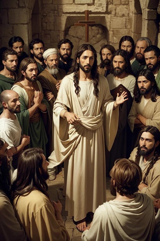 Image of Jesus with apostles by his side preaching the gospel talking about love one another as I still do for post