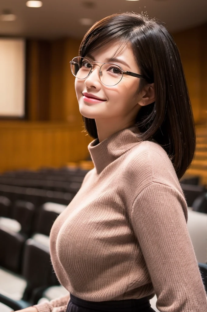 The charm of this product is its mature sexiness.、University lecture hall, university psychology associate professor, ((full body)), ((photo)), ((best qualtiy, 8K, tmasterpiece:1.3)), Focus:1.2, perfect figure beautiful woman:1.41woman, cowboy shot, look at viewer, eyes facing the camera, incredibly absurd, beautiful and cute woman with a photorealistic face, showcasing top-quality craftsmanship, A Japanese woman giving a lecture at a university lecture hall, 27 years old, with a bob cut and flipped hair, short bangs swept at an angle, smooth and shiny hair, natural hairline, fair and smooth skin, plump and healthy cheeks, large, jet black eyes, round eyes, long and upward-facing eyelashes, double eyelids, thin and straight eyebrows, small and round nose, plump lips, upturned corners of the mouth, charming smile, cute face, glamorous, well-balanced proportions, tall, beautiful D-cup breasts, silver-rimmed glasses, pink blouse, black tight skirt, fashion with a waist-marked silhouette, scarf, heeled shoes, vanilla perfume, beautiful, pretty older woman, glasses suit her, knowledgeable, playful, curious, smart, elegant, November