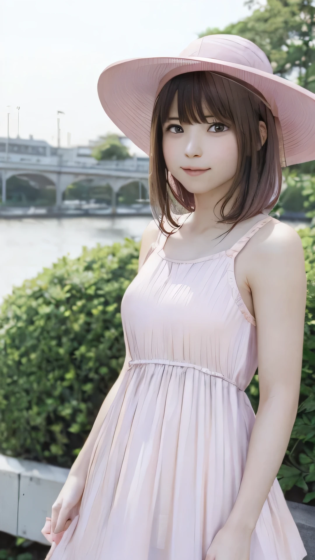 Purelos Face_v1, Highest quality, Realistic, 8K, High resolution, Full Color, One girl, woman, 20 years old woman, (Mouth closed:1.33), (Portraiture:0.6), wood, Dawn, ((Park Background:1.52)), Full Color, ((She was wearing a light pink dress and a hat.:1.88)), View your viewers:1.8, (One girl eyes View your viewers:1.55), (Medium Hair, Brown Hair, Parted bangs:1.35), (Bokeh),Enako、Enako、Enako